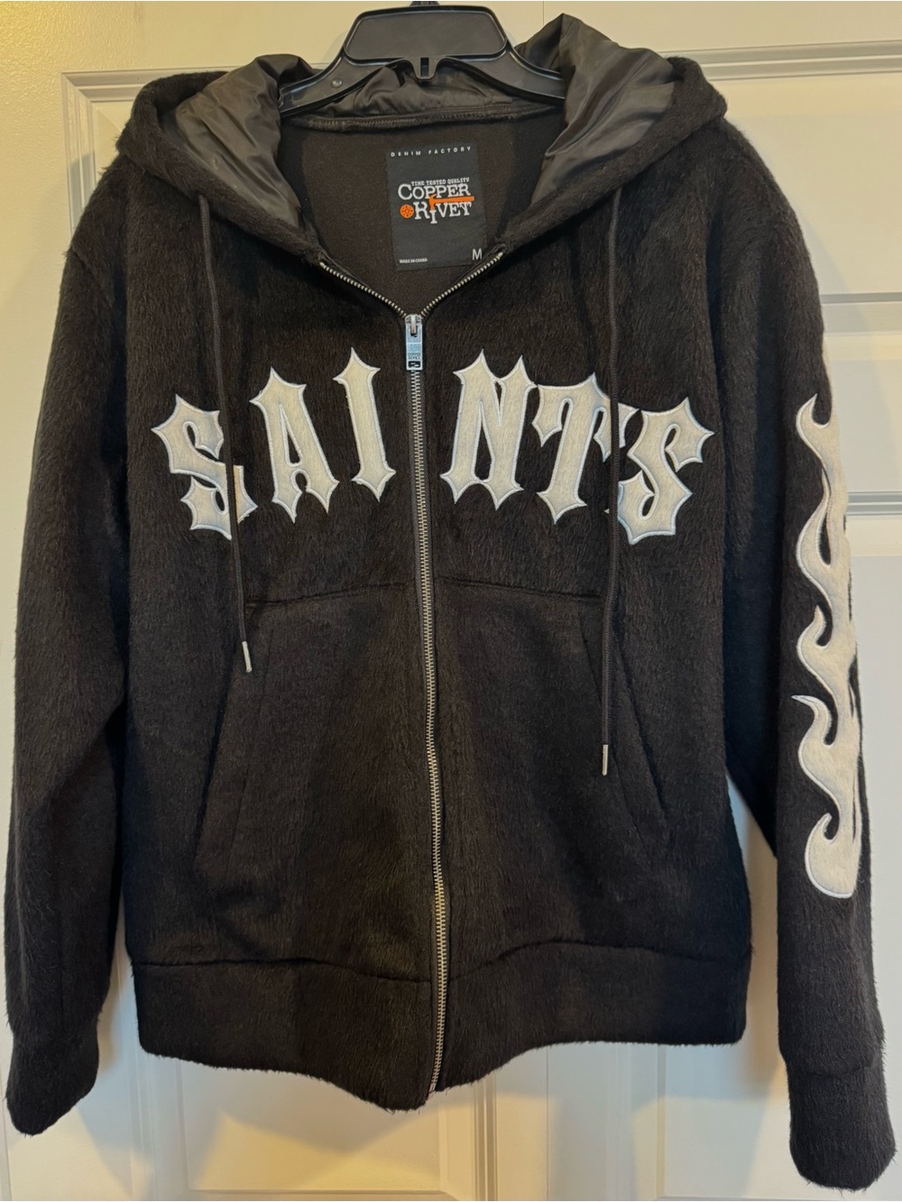 Copper Rivet Saints Mohair Pearl Embroidery Zip Hoodie Black & White Medium